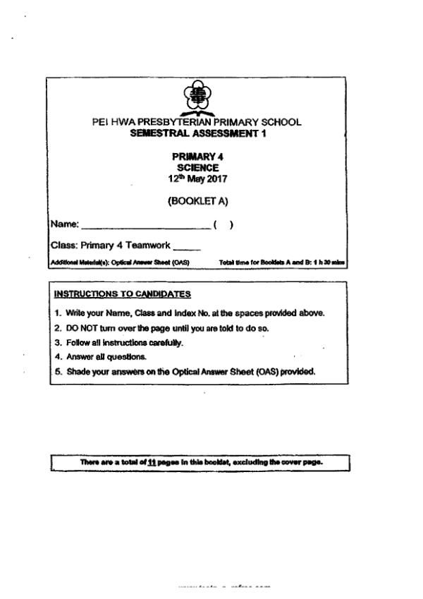 Pei Hwa P4 Sci WA2 2017 exam paper PDF first page preview