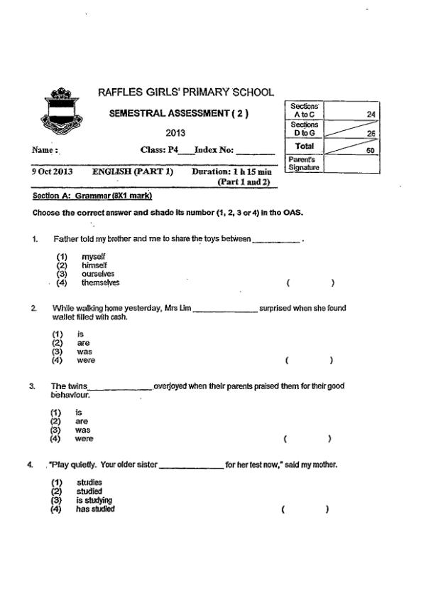 Raffles Girls P4 Eng SA2 2013 exam paper PDF first page preview
