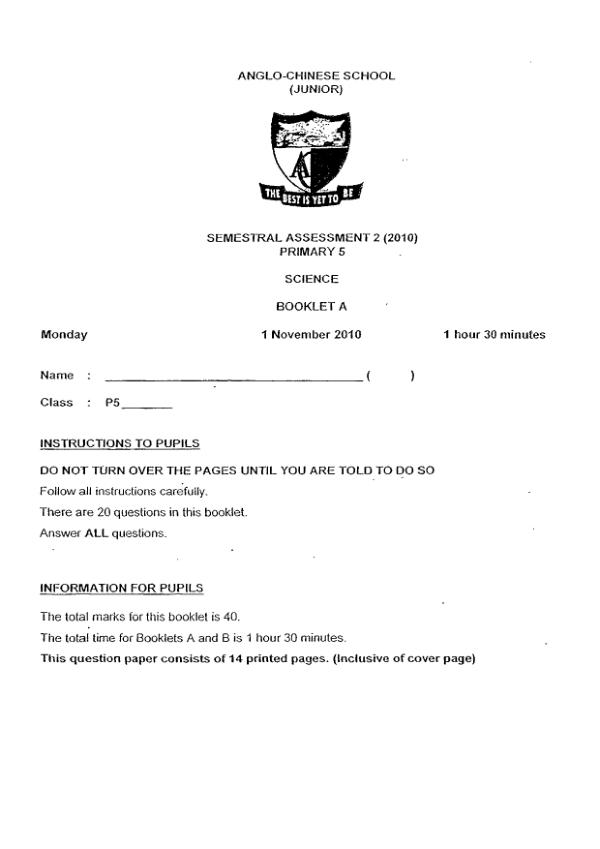 Anglo Chinese P5 Sci SA2 2010 exam paper PDF preview