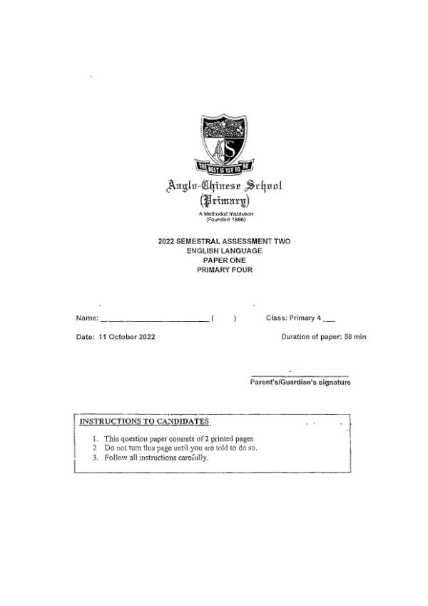 Anglo Chinese P4 Eng SA2 2022 exam paper PDF first page preview