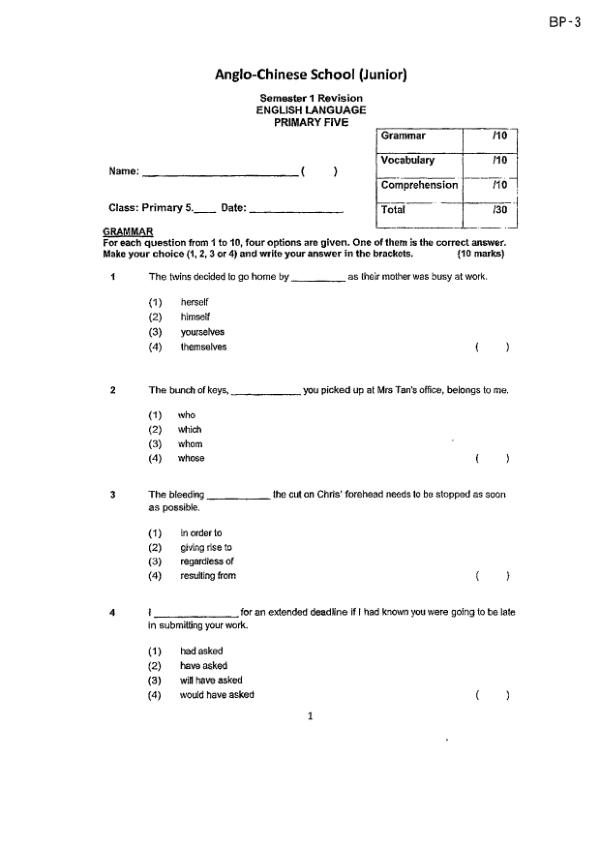 First page preview of P5 Eng 2024 WA1 — Anglo Chinese
