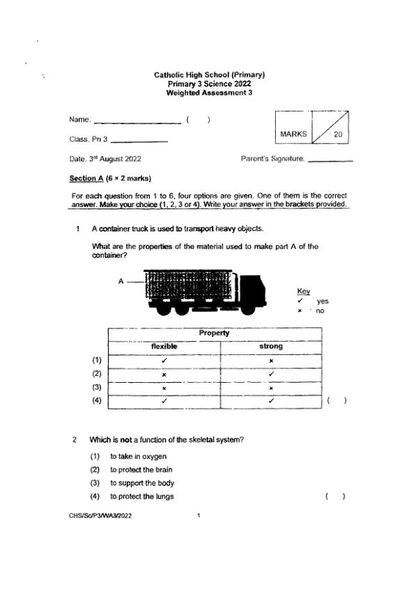 Catholic High P3 Sci WA3 2022 exam paper PDF first page preview