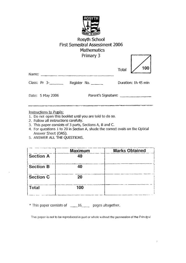 Rosyth P3 Math WA2 2006 exam paper PDF first page preview