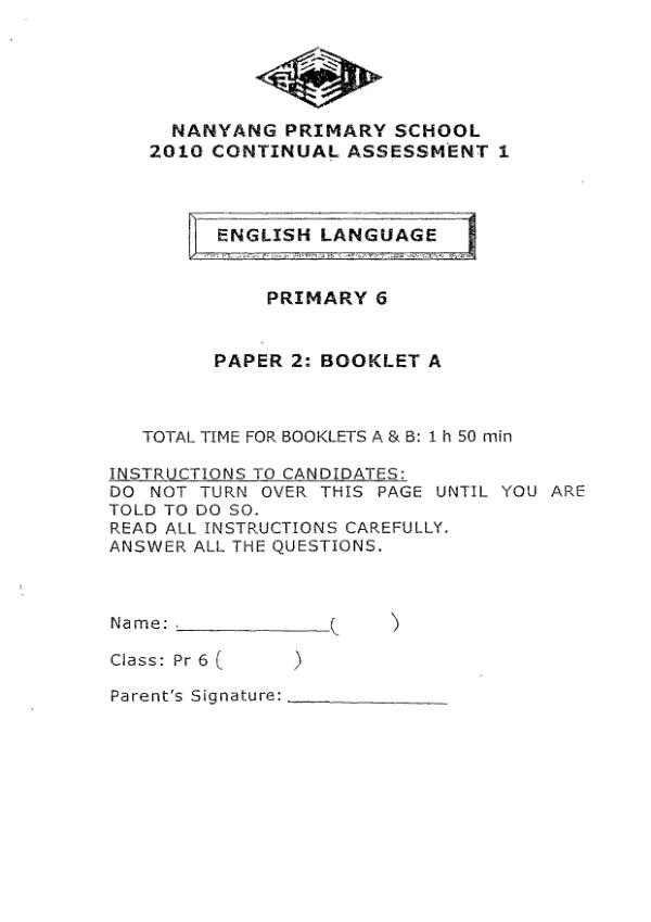 Nanyang P6 Eng WA1 2010 exam paper PDF preview