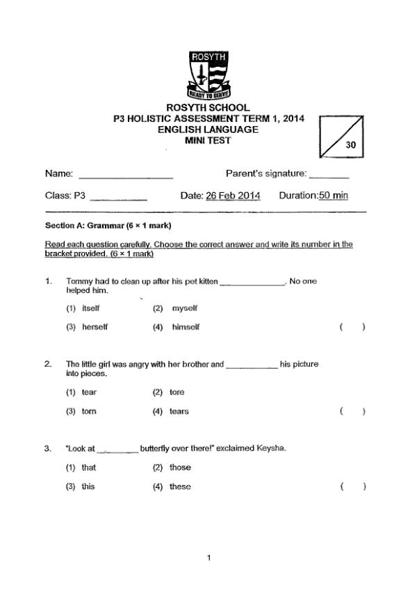 Rosyth P3 Eng WA1 2014 exam paper PDF preview
