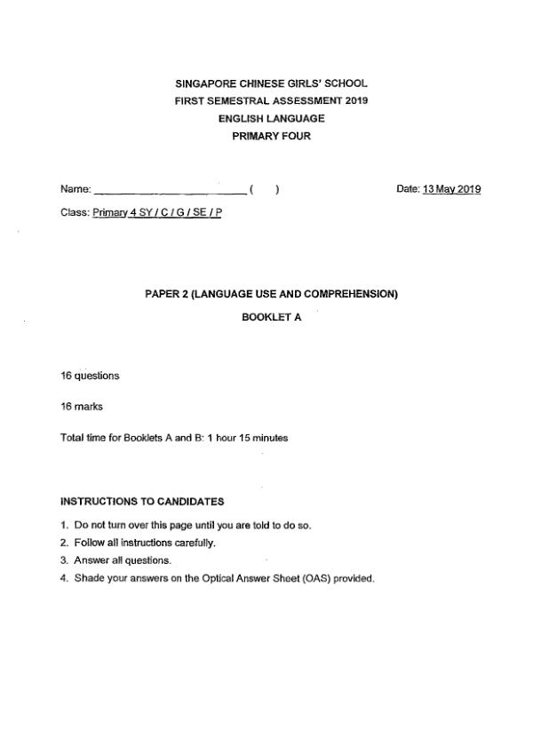 Singapore Chinese Girls P4 Eng WA2 2019 exam paper PDF first page preview