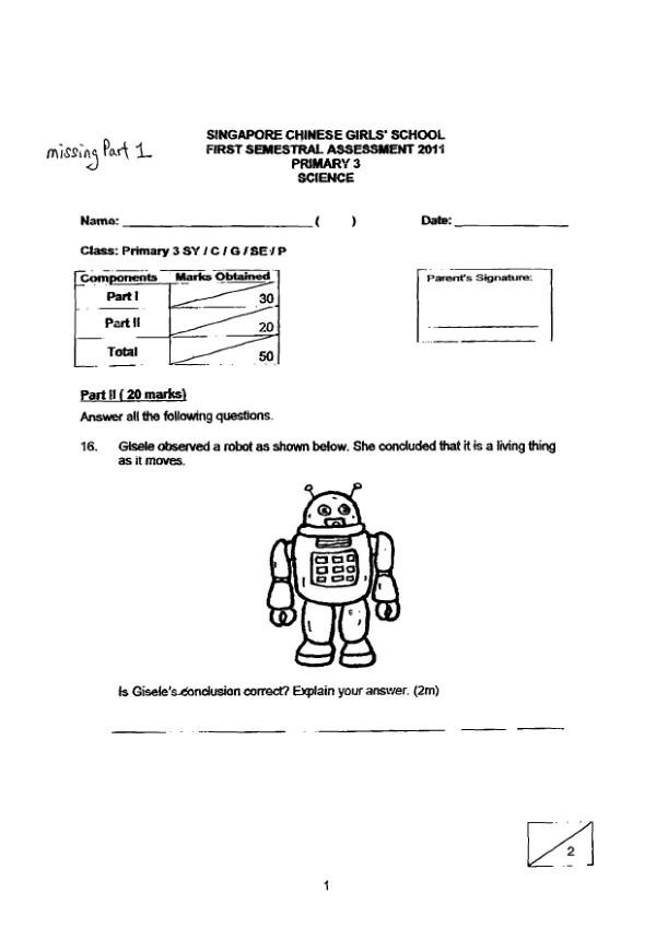 Singapore Chinese Girls P3 Sci WA2 2011 exam paper PDF first page preview