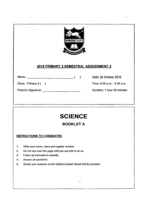 Tao Nan P3 Sci SA2 2018 exam paper PDF preview