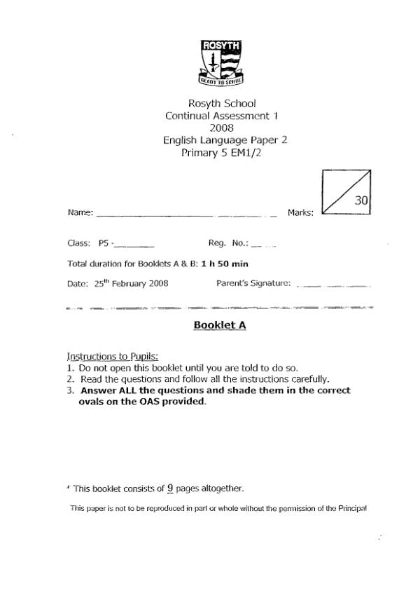 Rosyth P5 Eng WA1 2008 exam paper PDF preview