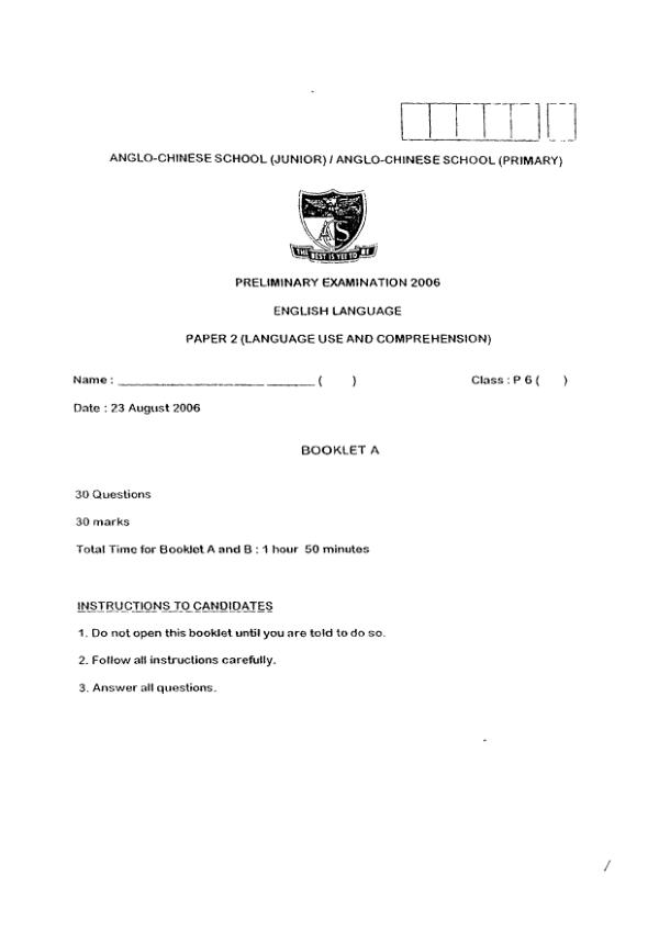 Anglo Chinese P6 Eng SA2 2006 exam paper PDF preview