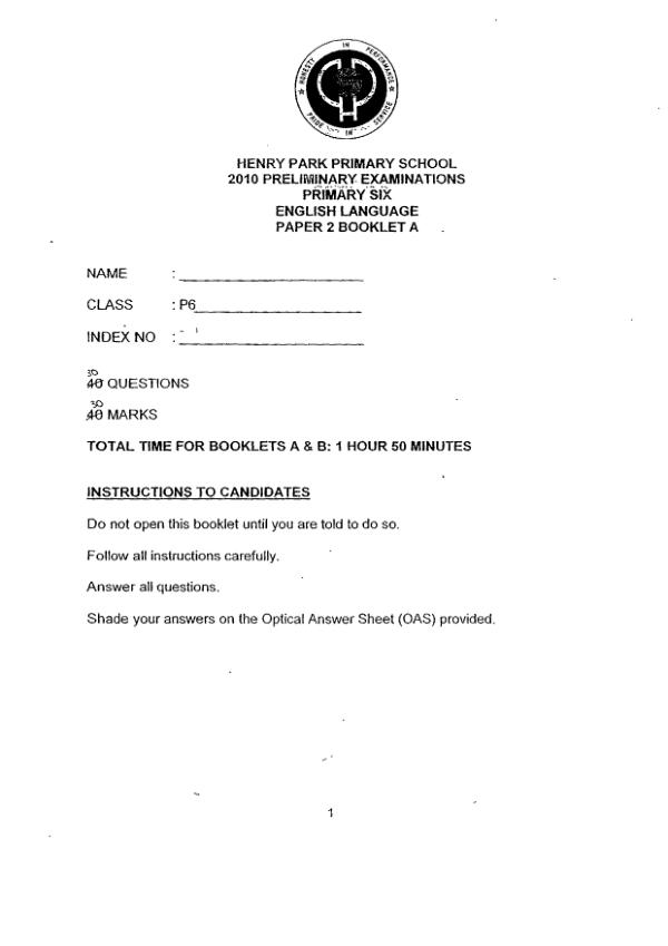 Henry Park P6 Eng SA2 2010 exam paper PDF first page preview