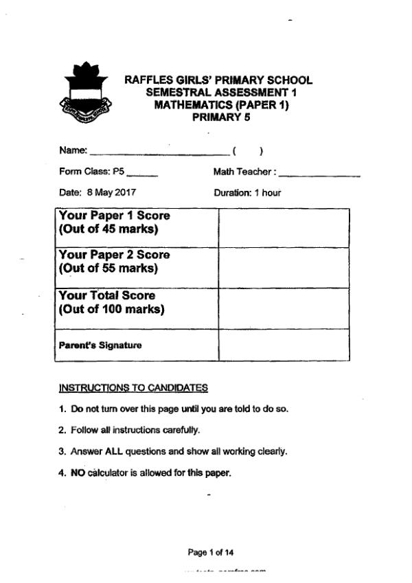 First page preview of P5 Math 2017 WA2 — Raffles Girls