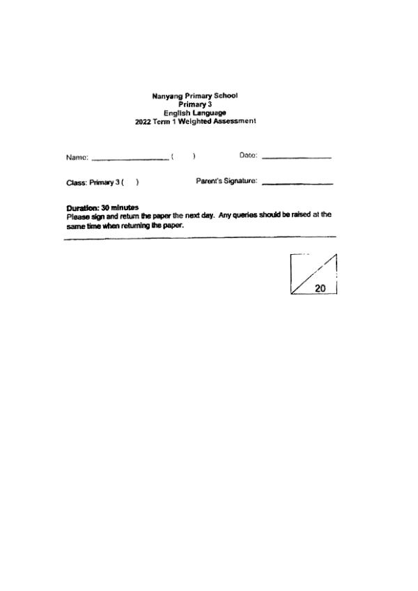 Nanyang P3 Eng WA1 2022 exam paper PDF first page preview