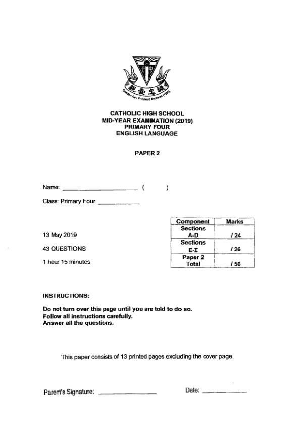Catholic High P4 Eng WA2 2019 exam paper PDF first page preview
