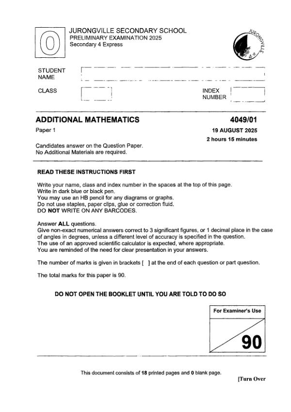 Jurongville Sec4 A_Maths Prelim 2025 exam paper PDF preview