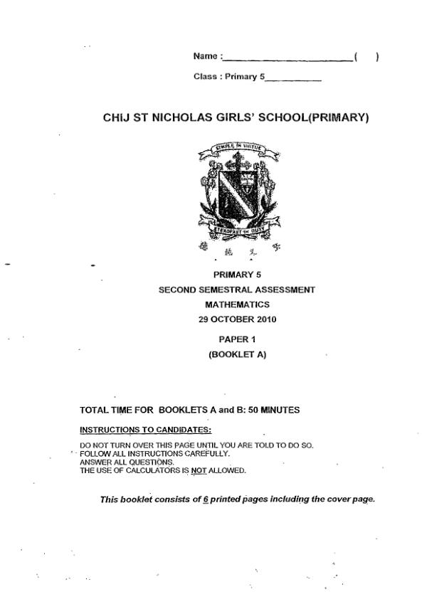 CHIJ P5 Math SA2 2010 exam paper PDF preview
