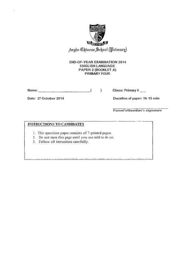 Anglo Chinese P4 Eng SA2 2014 exam paper PDF first page preview