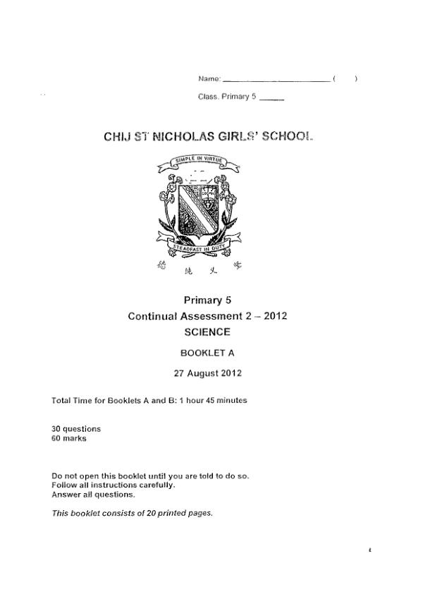 CHIJ P5 Sci WA3 2012 exam paper PDF first page preview