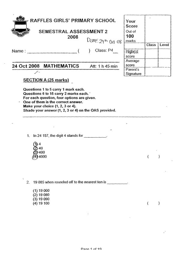 Raffles Girls P4 Math SA2 2008 exam paper PDF preview