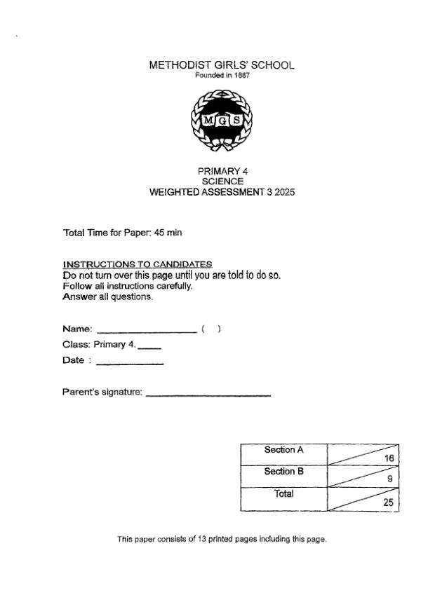 First page preview of P4 Sci 2025 WA3 — Methodist Girls