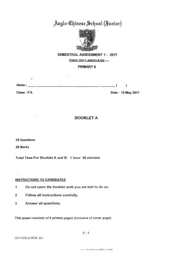 Anglo Chinese P6 Eng WA2 2017 exam paper PDF preview