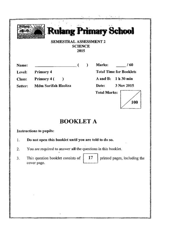 Rulang P4 Sci SA2 2015 exam paper PDF preview