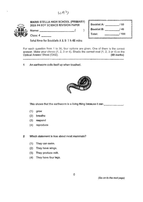 First page preview of P4 Sci 2025 WA3 — Maris Stella High