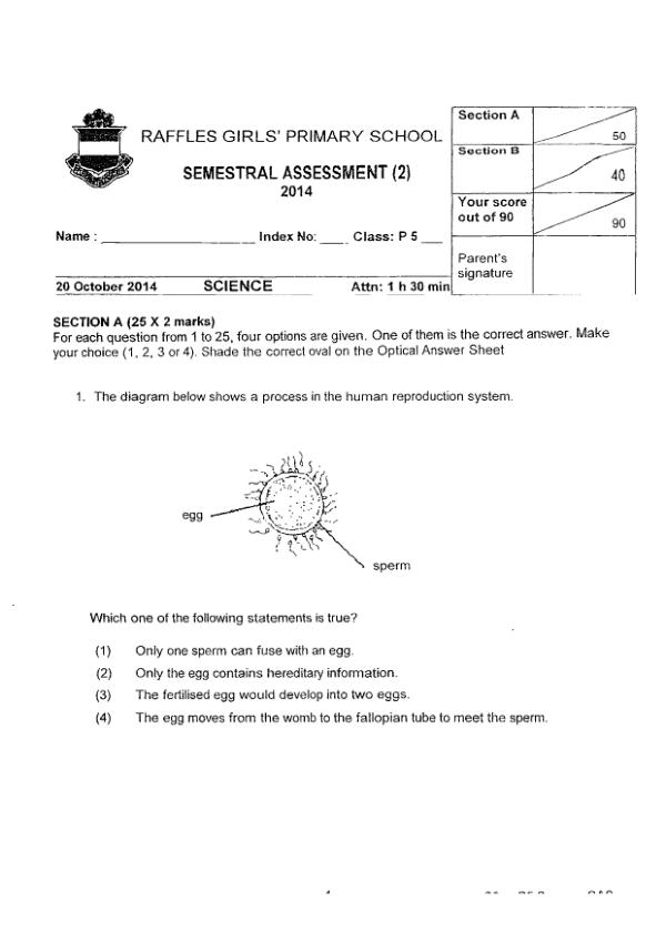Raffles Girls P5 Sci SA2 2014 exam paper PDF first page preview