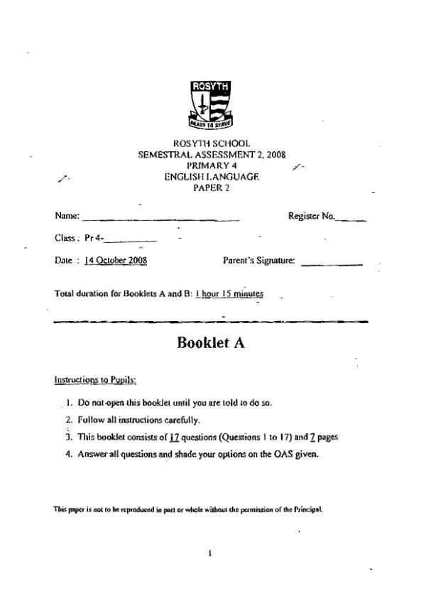 Rosyth P4 Eng SA2 2008 exam paper PDF first page preview