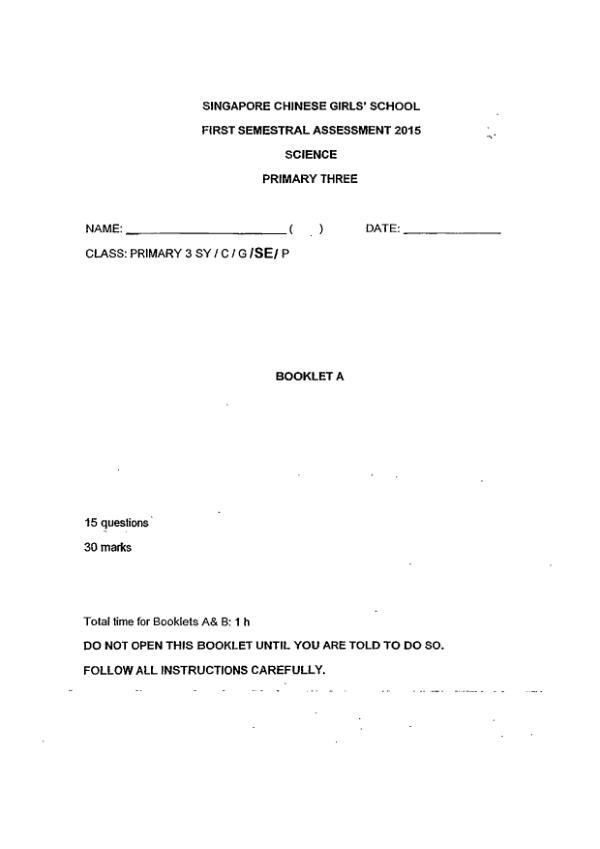 Singapore Chinese Girls P3 Sci WA2 2015 exam paper PDF first page preview