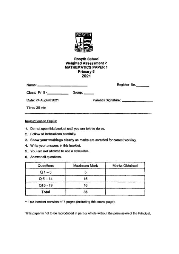 First page preview of P5 Math 2021 WA3 — Rosyth