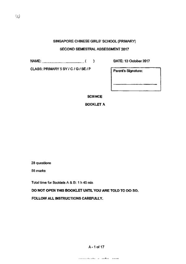 Singapore Chinese Girls P5 Sci SA2 2017 exam paper PDF first page preview