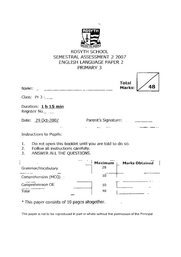 Rosyth P3 Eng SA2 2007 exam paper PDF preview