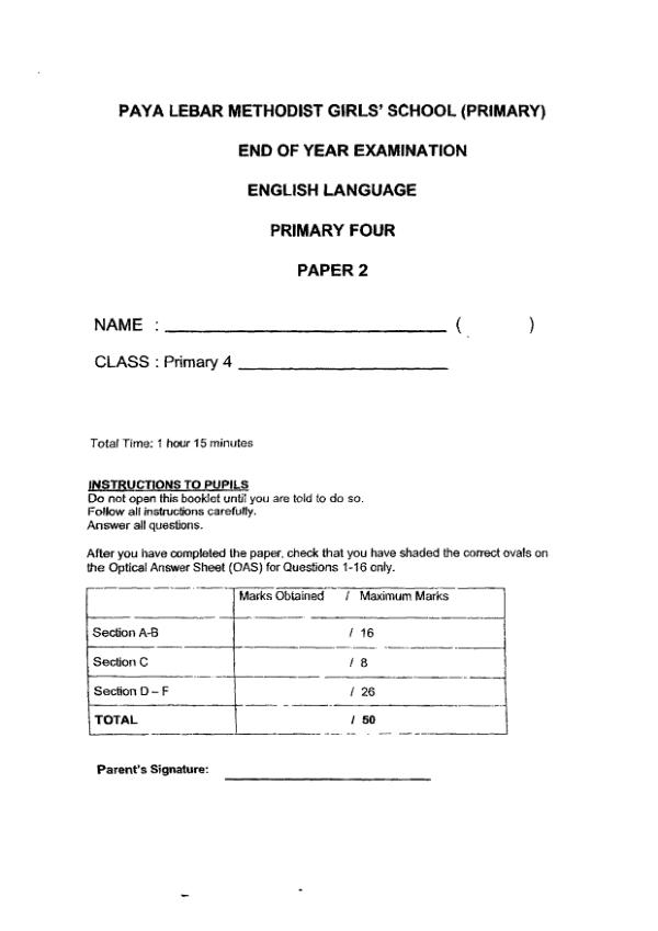 First page preview of P4 Eng 2024 SA2 — Methodist Girls