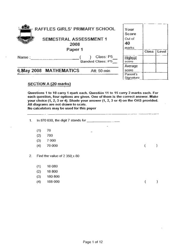 Raffles Girls P5 Math WA2 2008 exam paper PDF preview