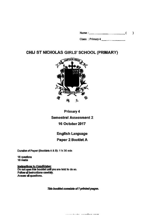 CHIJ P4 Eng SA2 2017 exam paper PDF first page preview