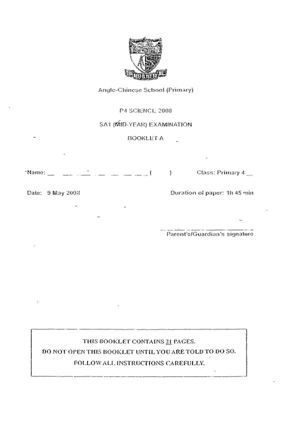 Anglo Chinese P4 Sci WA2 2008 exam paper PDF first page preview