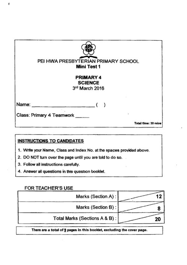 Pei Hwa P4 Sci WA1 2016 exam paper PDF preview