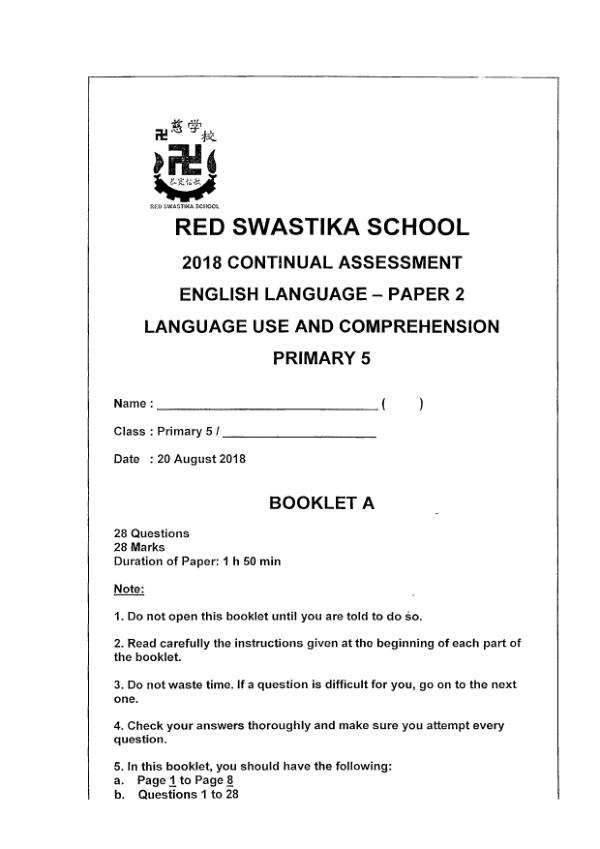 Red Swastika P5 Eng WA3 2018 exam paper PDF first page preview