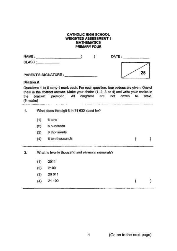 First page preview of P4 Math 2019 WA1 — Catholic High