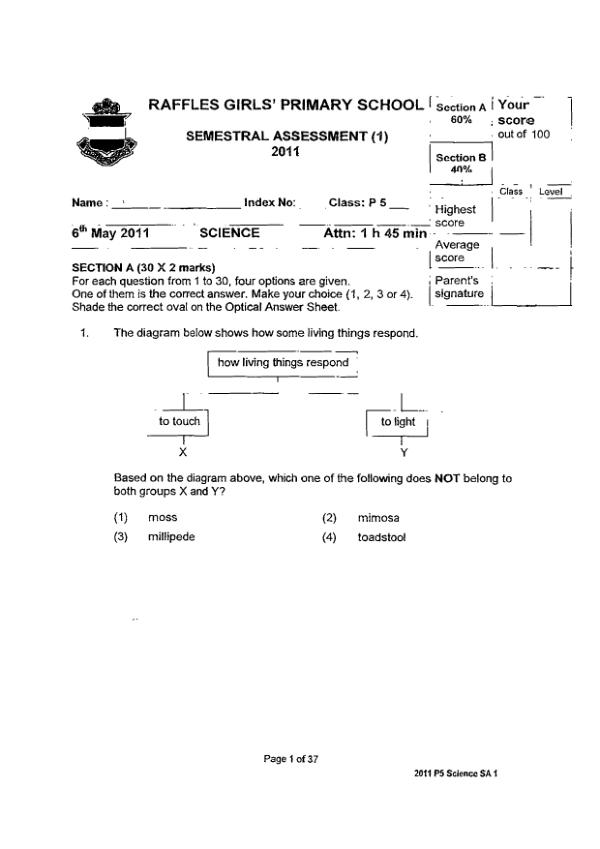 Raffles Girls P5 Sci WA2 2011 exam paper PDF preview