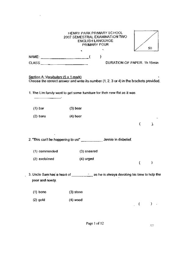 Henry Park P4 Eng SA2 2007 exam paper PDF first page preview
