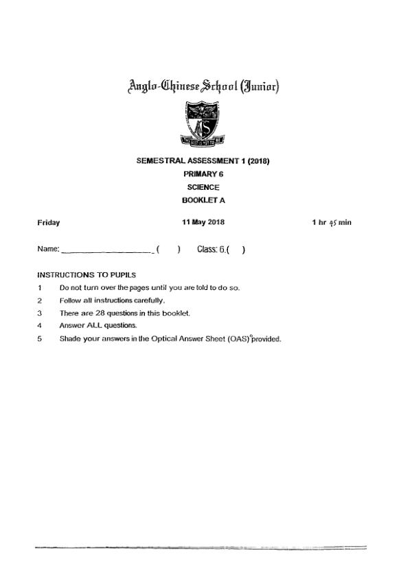 Anglo Chinese P6 Sci WA2 2018 exam paper PDF first page preview