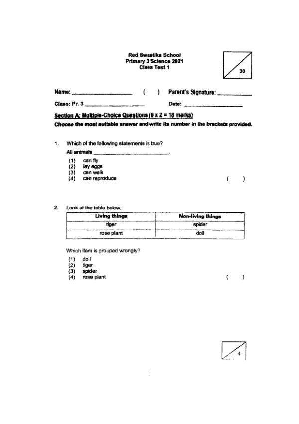 Red Swastika P3 Sci WA1 2021 exam paper PDF preview