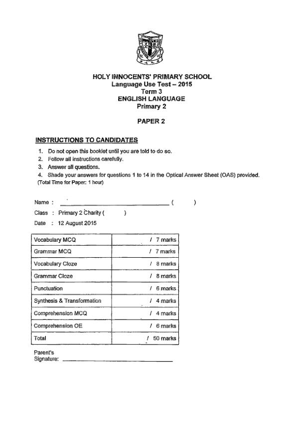 Holy Innocents P2 Eng WA3 2015 exam paper PDF first page preview