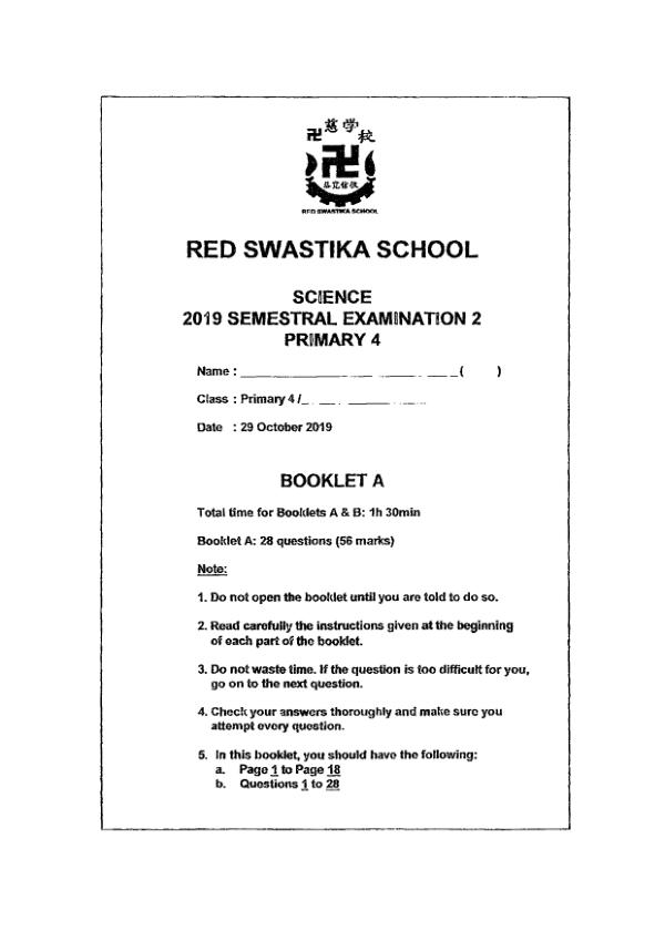 Red Swastika P4 Sci SA2 2019 exam paper PDF preview