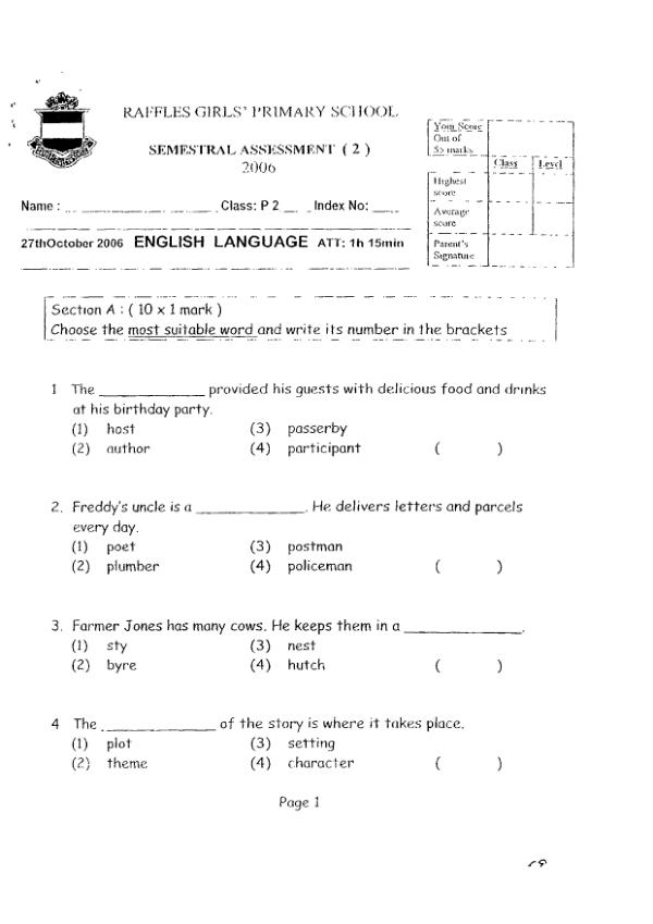 Raffles Girls P2 Eng SA2 2006 exam paper PDF first page preview