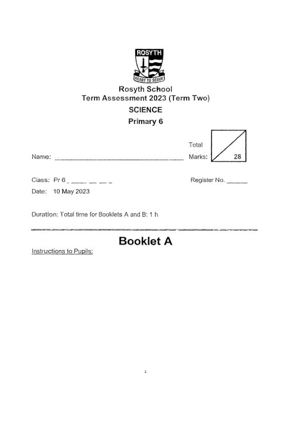 First page preview of P6 Sci 2023 WA2 — Rosyth