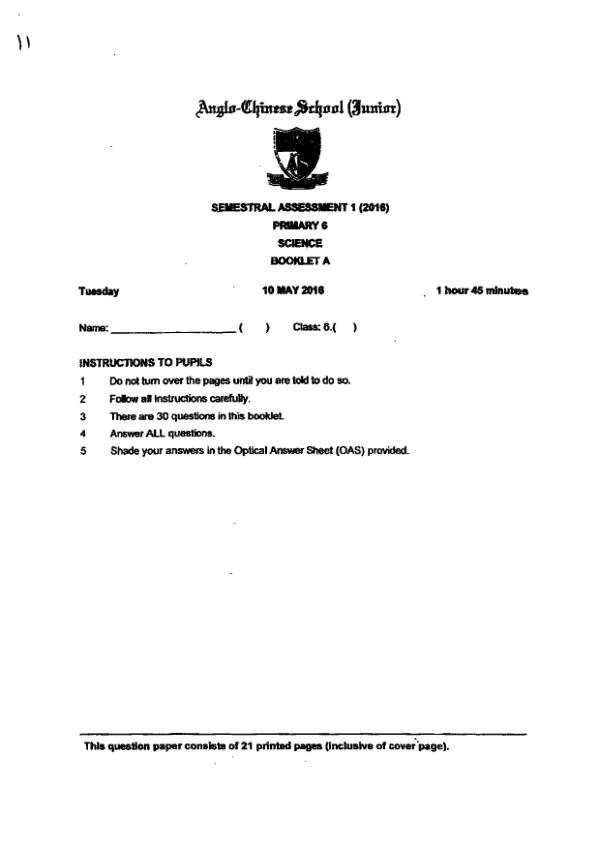 Anglo Chinese P6 Sci WA2 2016 exam paper PDF preview