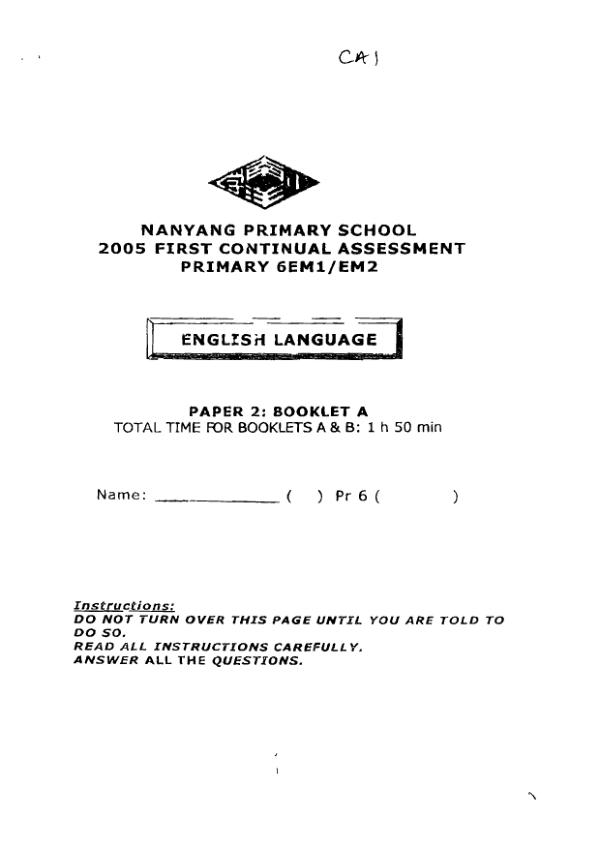 Nanyang P6 Eng WA1 2005 exam paper PDF preview